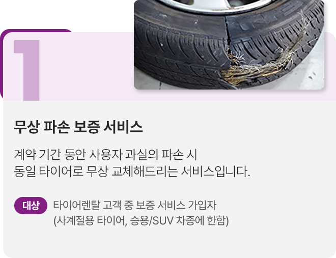 1.무상 파손 보증 서비스 : 계약기간 동안 사용자 과실의 파손 시 동일 타이어로 무상 교체해 드리는 서비스입니다. 대상:타이어렌탈 고객 중 보증 서비스 가입자(사계절용 타이어, 승용/SUV 차종에 한함)